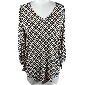 Sew in Love Ivory Black Geometric Trellis V-Neck Blouse Long Sleeve size M/L